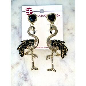 Flamingo Gold Plated Black and Clear Crystal Dangle Post Earrings NWT